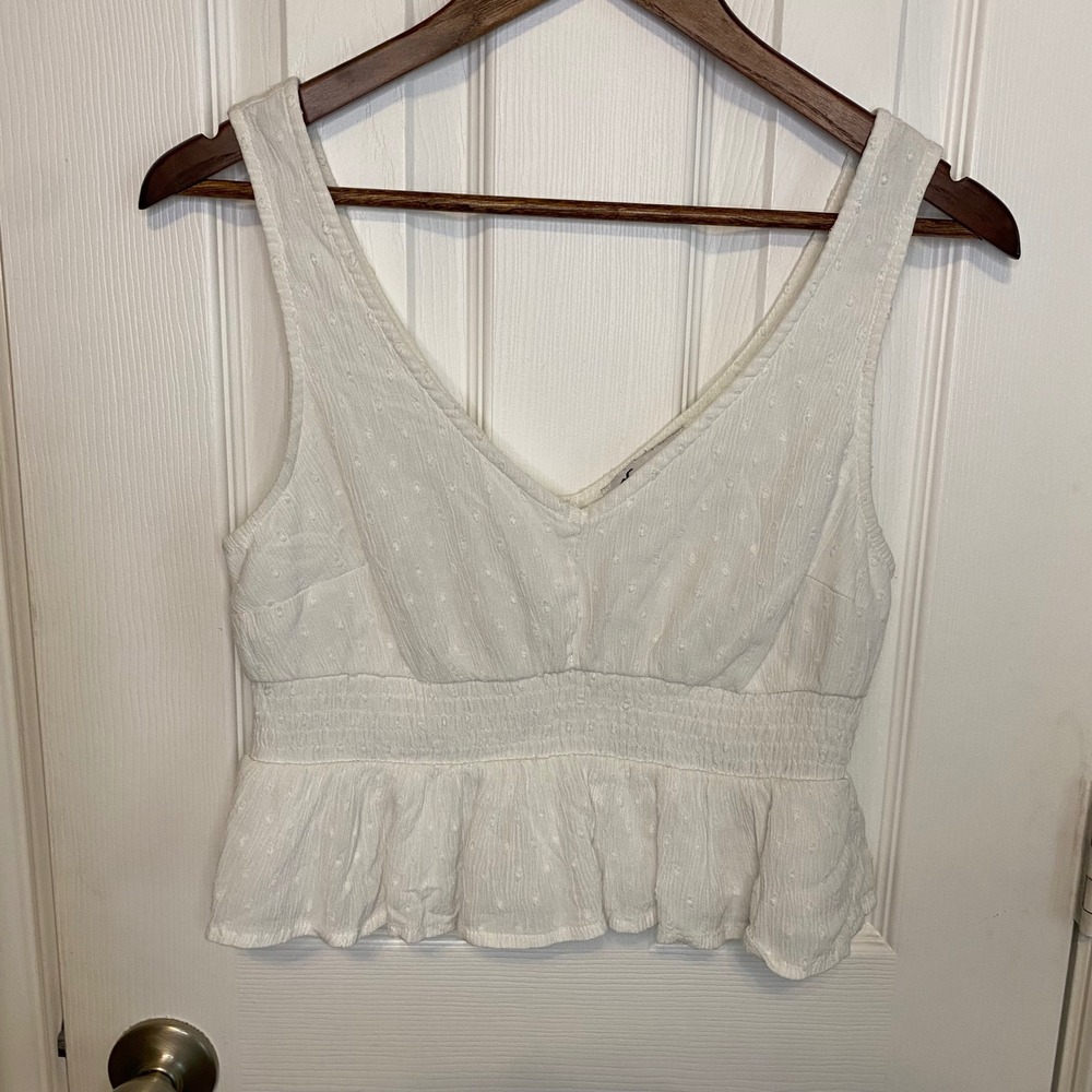 Hollister White Swiss Dot Smocked Peplum Crop Tank Top Blouse Womens Medium